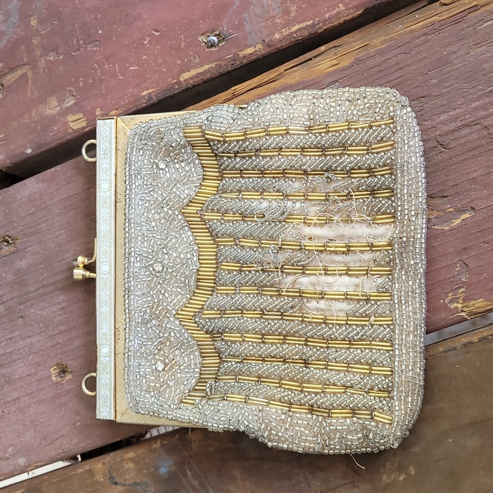 Vintage Delill Beaded White Gold Handbag Clutch Purse